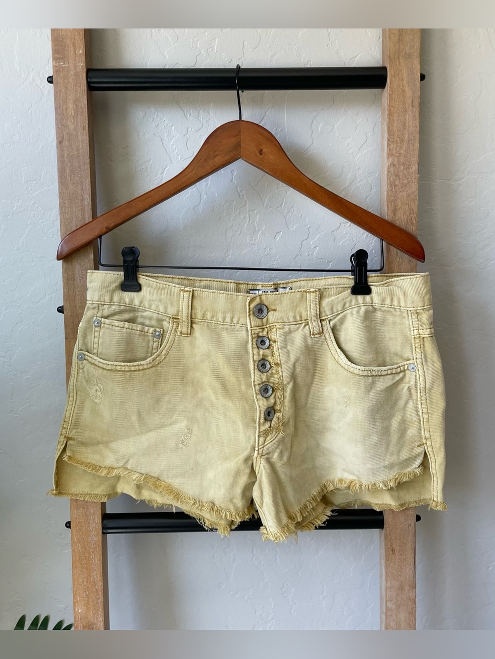 Free People Yellow Button-Front Frayed Denim Shorts